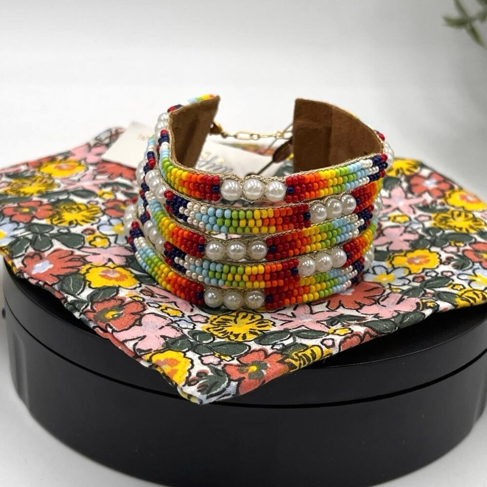 Deepa Gurnani Valli White Faux‎ Pearl Orange/Yellow Multi  Peyote Cuff Bracelet